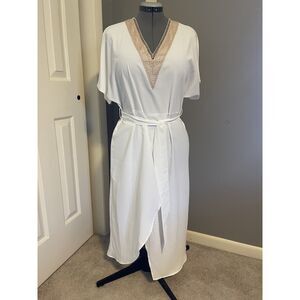 White Belted V-Neck Dress | Size L | Crochet Detail Lightweight Midi